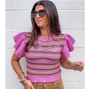 Entro Women's Carly Pink Striped Ruffle Sleeve Pointelle Knit Top T20869 | Med